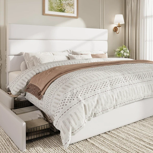 Main image of King Size Platform Bed Frame with 4 Storage Drawers, Velvet Upholstered Headboard, Mattress Foundation with Wooden Slats Support, No Box Spring Needed, Easy Assembly, White