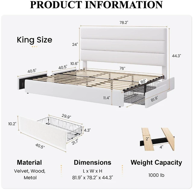 Alt view image 2 of 7 - King Size Platform Bed Frame with 4 Storage Drawers, Velvet Upholstered Headboard, Mattress Foundation with Wooden Slats Support, No Box Spring Needed, Easy Assembly, White