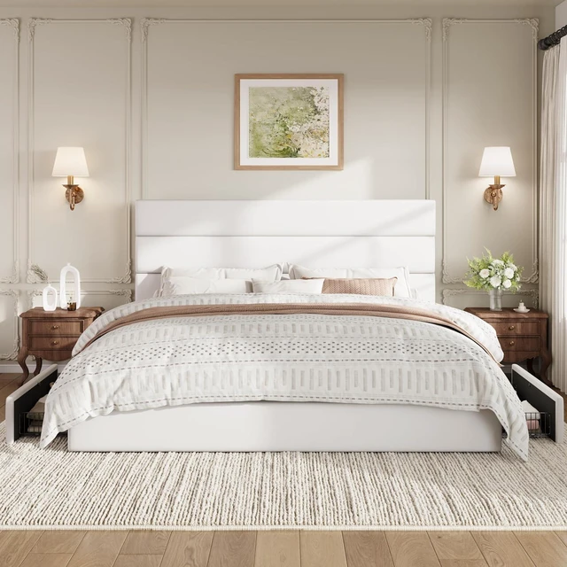 Alt view image 3 of 7 - King Size Platform Bed Frame with 4 Storage Drawers, Velvet Upholstered Headboard, Mattress Foundation with Wooden Slats Support, No Box Spring Needed, Easy Assembly, White