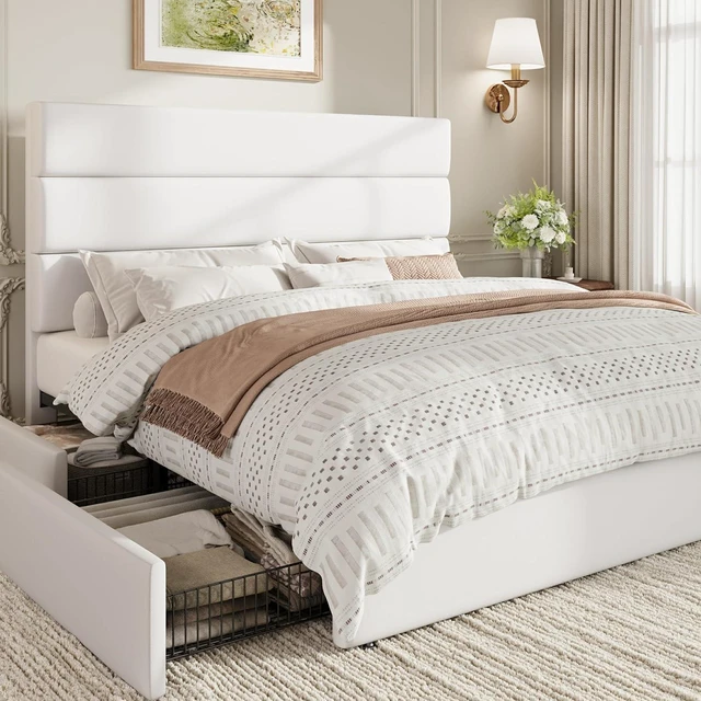 Main image of Full Size Platform Bed Frame with 4 Storage Drawers, Velvet Upholstered Headboard, Mattress Foundation with Wooden Slats Support, No Box Spring Needed, Easy Assembly, White