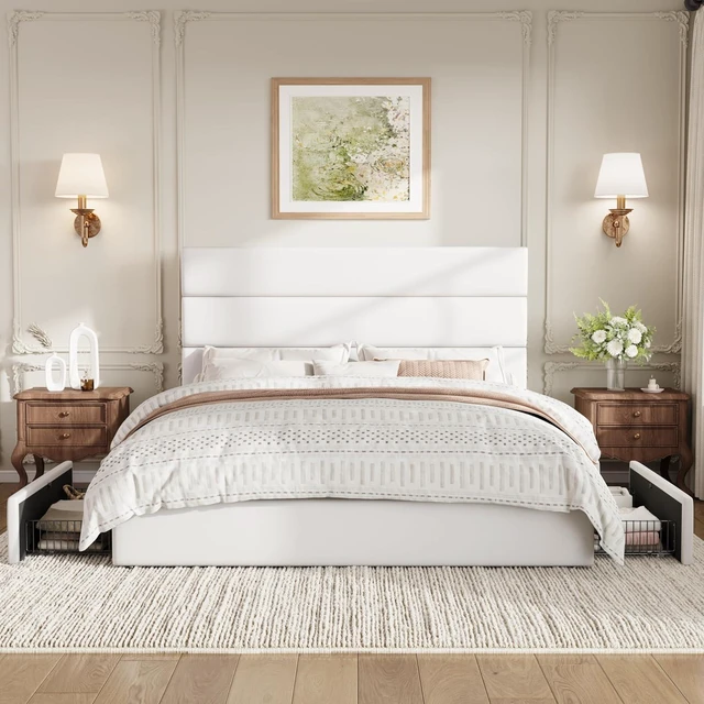 Alt view image 3 of 7 - Full Size Platform Bed Frame with 4 Storage Drawers, Velvet Upholstered Headboard, Mattress Foundation with Wooden Slats Support, No Box Spring Needed, Easy Assembly, White