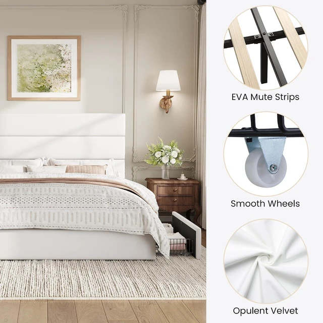 Alt view image 7 of 7 - Full Size Platform Bed Frame with 4 Storage Drawers, Velvet Upholstered Headboard, Mattress Foundation with Wooden Slats Support, No Box Spring Needed, Easy Assembly, White