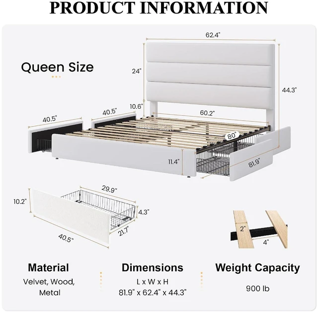 Alt view image 2 of 7 - Queen Size Platform Bed Frame with 4 Storage Drawers, Velvet Upholstered Headboard, Mattress Foundation with Wooden Slats Support, No Box Spring Needed, Easy Assembly, White