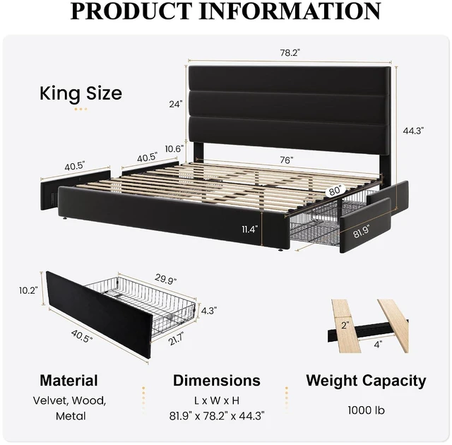 Alt view image 2 of 7 - King Size Platform Bed Frame with 4 Storage Drawers, Velvet Upholstered Headboard, Mattress Foundation with Wooden Slats Support, No Box Spring Needed, Easy Assembly, Black