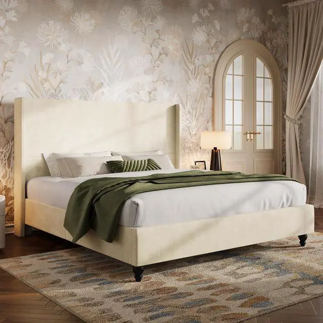 Main image of 51" Tall Wingback Velvet Bed Frame, King, Creamy White | Strong Wood Slats Support, Noise-Free, No Box Spring Required, Easy Assembly