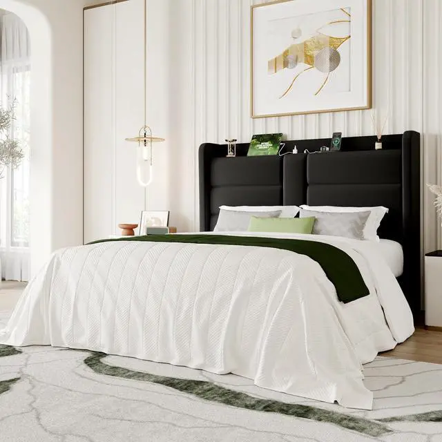 Main image of Queen Size Upholstered Bed Frame with Storage Shelf & Charging Station, Modern Velvet Platform Bed with Wingback Headboard, Wooden Slats Support, No Box Spring Needed, Easy Assembly, Black