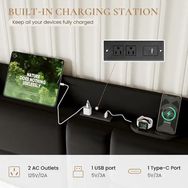 Alt view image 4 of 7 - King Size Upholstered Bed Frame with Storage Shelf & Charging Station, Modern Velvet Platform Bed with Wingback Headboard, Wooden Slats Support, No Box Spring Needed, Easy Assembly, Black