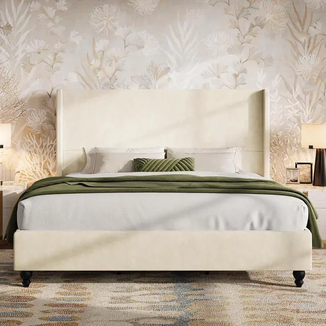 Alt view image 2 of 3 - 51" Tall Wingback Velvet Bed Frame, King, Creamy White | Strong Wood Slats Support, Noise-Free, No Box Spring Required, Easy Assembly