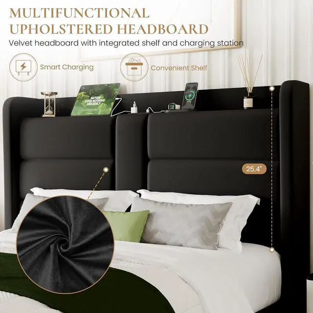 Alt view image 3 of 7 - Queen Size Upholstered Bed Frame with Storage Shelf & Charging Station, Modern Velvet Platform Bed with Wingback Headboard, Wooden Slats Support, No Box Spring Needed, Easy Assembly, Black