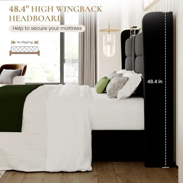 Alt view image 6 of 7 - King Size Upholstered Bed Frame with Storage Shelf & Charging Station, Modern Velvet Platform Bed with Wingback Headboard, Wooden Slats Support, No Box Spring Needed, Easy Assembly, Black