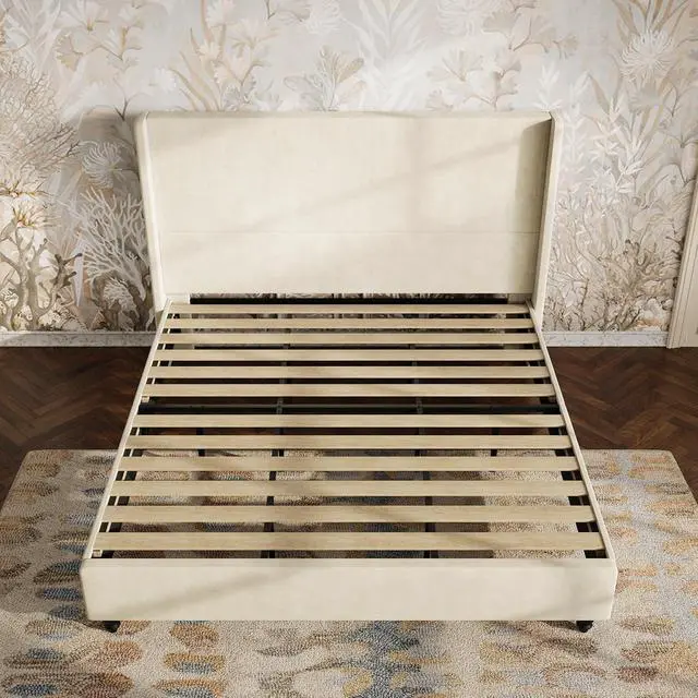 Alt view image 3 of 3 - 51" Tall Wingback Velvet Bed Frame, King, Creamy White | Strong Wood Slats Support, Noise-Free, No Box Spring Required, Easy Assembly