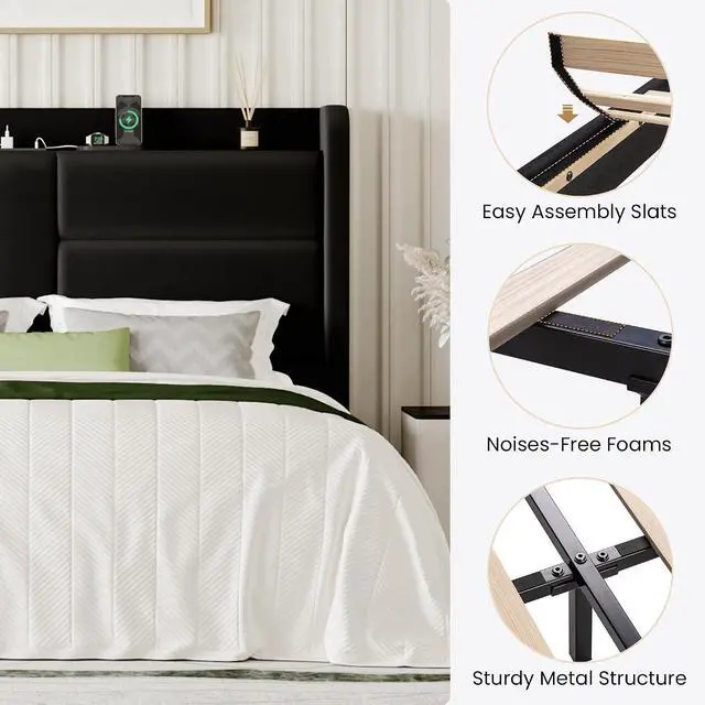Alt view image 7 of 7 - King Size Upholstered Bed Frame with Storage Shelf & Charging Station, Modern Velvet Platform Bed with Wingback Headboard, Wooden Slats Support, No Box Spring Needed, Easy Assembly, Black