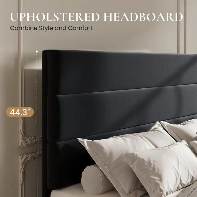 Alt view image 4 of 7 - Queen Size Platform Bed Frame with 4 Storage Drawers, Velvet Upholstered Headboard, Mattress Foundation with Wooden Slats Support, No Box Spring Needed, Easy Assembly, Black
