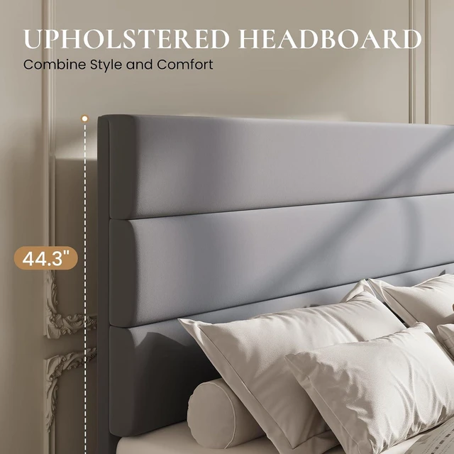 Alt view image 4 of 7 - King Size Platform Bed Frame with 4 Storage Drawers, Velvet Upholstered Headboard, Mattress Foundation with Wooden Slats Support, No Box Spring Needed, Easy Assembly, Grey