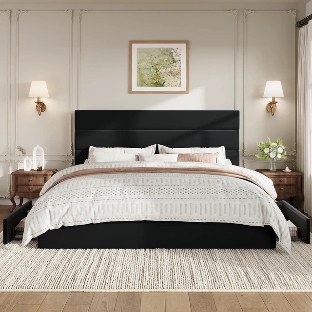 Alt view image 3 of 7 - King Size Platform Bed Frame with 4 Storage Drawers, Velvet Upholstered Headboard, Mattress Foundation with Wooden Slats Support, No Box Spring Needed, Easy Assembly, Black