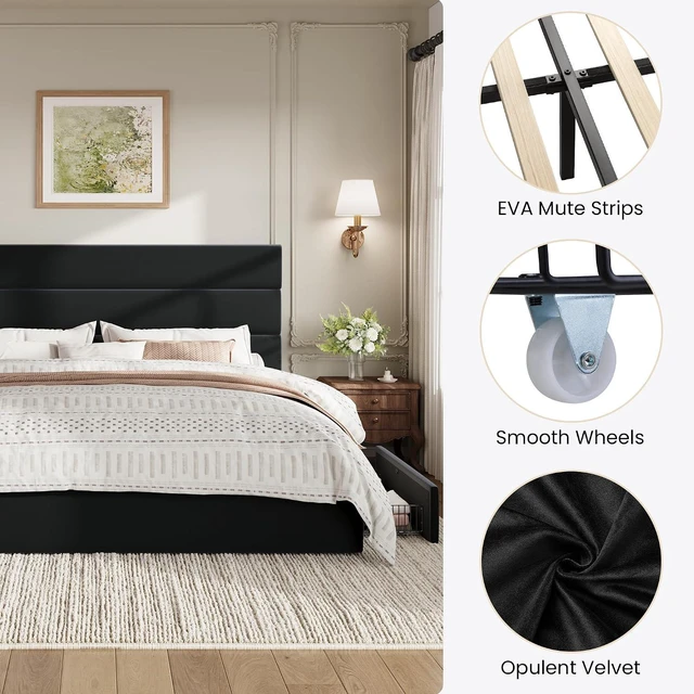 Alt view image 7 of 7 - King Size Platform Bed Frame with 4 Storage Drawers, Velvet Upholstered Headboard, Mattress Foundation with Wooden Slats Support, No Box Spring Needed, Easy Assembly, Black