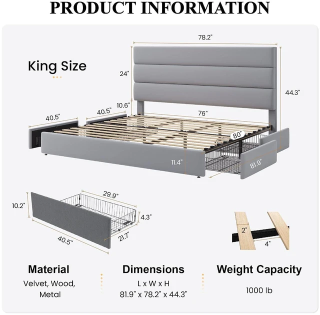 Alt view image 2 of 7 - King Size Platform Bed Frame with 4 Storage Drawers, Velvet Upholstered Headboard, Mattress Foundation with Wooden Slats Support, No Box Spring Needed, Easy Assembly, Grey