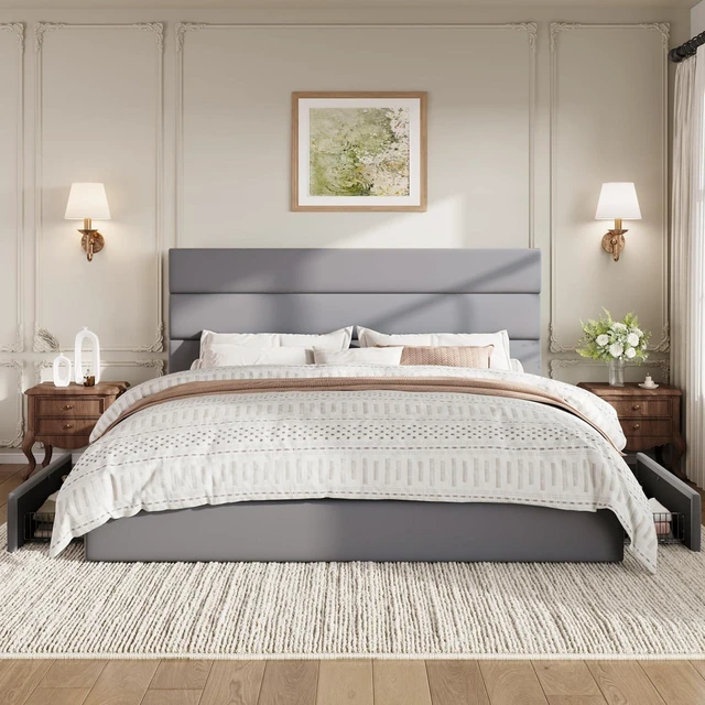 Alt view image 3 of 7 - King Size Platform Bed Frame with 4 Storage Drawers, Velvet Upholstered Headboard, Mattress Foundation with Wooden Slats Support, No Box Spring Needed, Easy Assembly, Grey