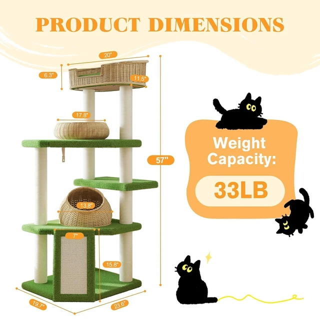 Alt view image 3 of 7 - 57-Inch Cat Tree Tower for Indoor Cats, Multi-Level Cat Condo with 3 Rattan Woven Beds, Plush Platforms, Sisal Scratching Posts & Interactive Toys, Green
