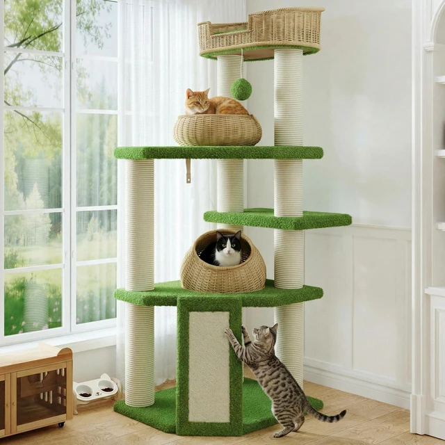 Main image of 57-Inch Cat Tree Tower for Indoor Cats, Multi-Level Cat Condo with 3 Rattan Woven Beds, Plush Platforms, Sisal Scratching Posts & Interactive Toys, Green