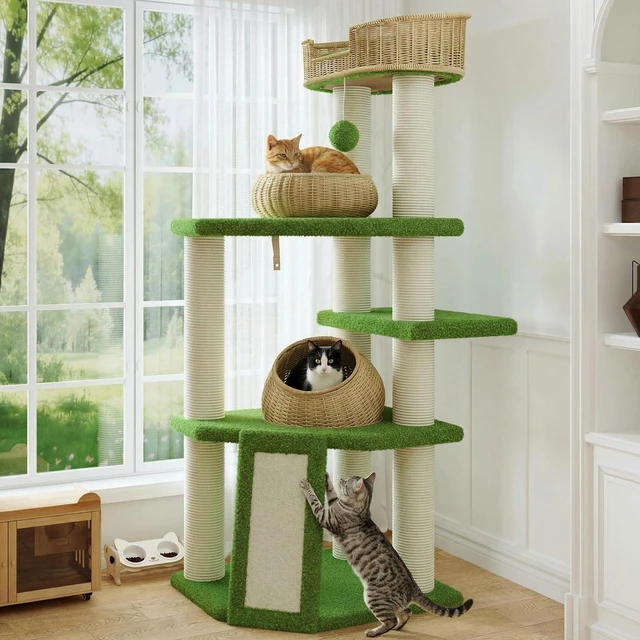 Alt view image 2 of 7 - 57-Inch Cat Tree Tower for Indoor Cats, Multi-Level Cat Condo with 3 Rattan Woven Beds, Plush Platforms, Sisal Scratching Posts & Interactive Toys, Green
