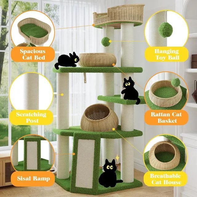 Alt view image 4 of 7 - 57-Inch Cat Tree Tower for Indoor Cats, Multi-Level Cat Condo with 3 Rattan Woven Beds, Plush Platforms, Sisal Scratching Posts & Interactive Toys, Green