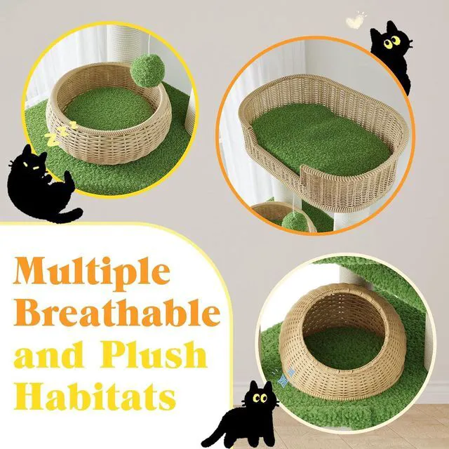 Alt view image 6 of 7 - 57-Inch Cat Tree Tower for Indoor Cats, Multi-Level Cat Condo with 3 Rattan Woven Beds, Plush Platforms, Sisal Scratching Posts & Interactive Toys, Green