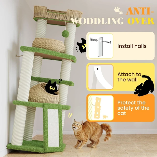 Alt view image 7 of 7 - 57-Inch Cat Tree Tower for Indoor Cats, Multi-Level Cat Condo with 3 Rattan Woven Beds, Plush Platforms, Sisal Scratching Posts & Interactive Toys, Green