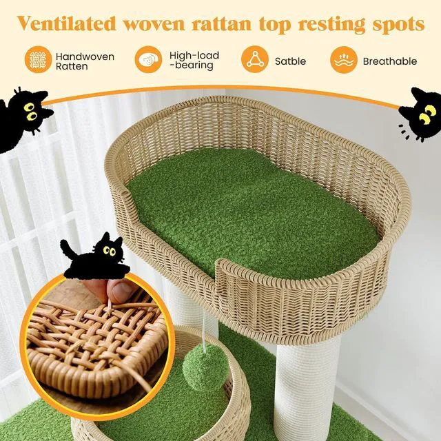 Alt view image 5 of 7 - 57-Inch Cat Tree Tower for Indoor Cats, Multi-Level Cat Condo with 3 Rattan Woven Beds, Plush Platforms, Sisal Scratching Posts & Interactive Toys, Green