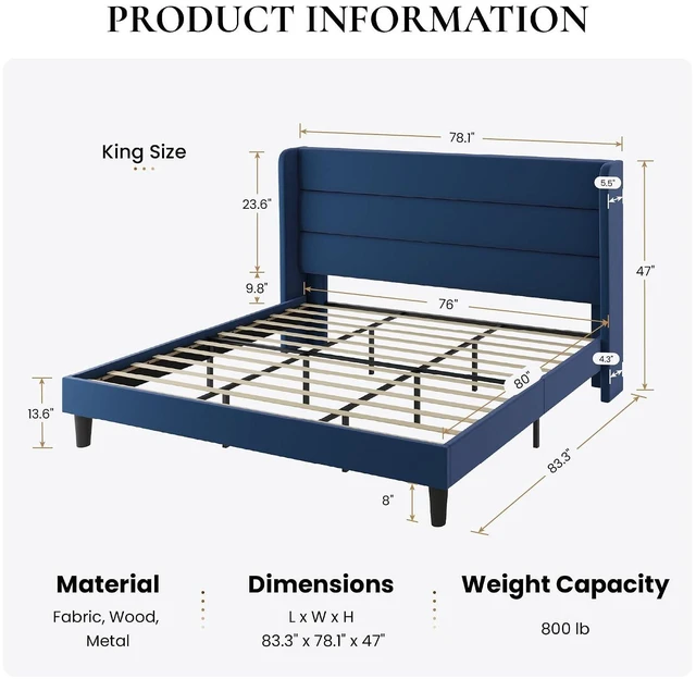 Alt view image 2 of 7 - King Size Velvet Bed Frame with Wingback Headboard/Upholstered Platform Bed with Wooden Slats/Mattress Foundation/No Box Spring Needed/Easy Assembly/Blue