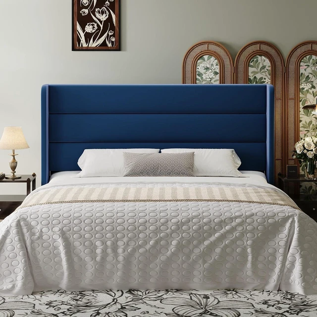 Alt view image 3 of 7 - King Size Velvet Bed Frame with Wingback Headboard/Upholstered Platform Bed with Wooden Slats/Mattress Foundation/No Box Spring Needed/Easy Assembly/Blue
