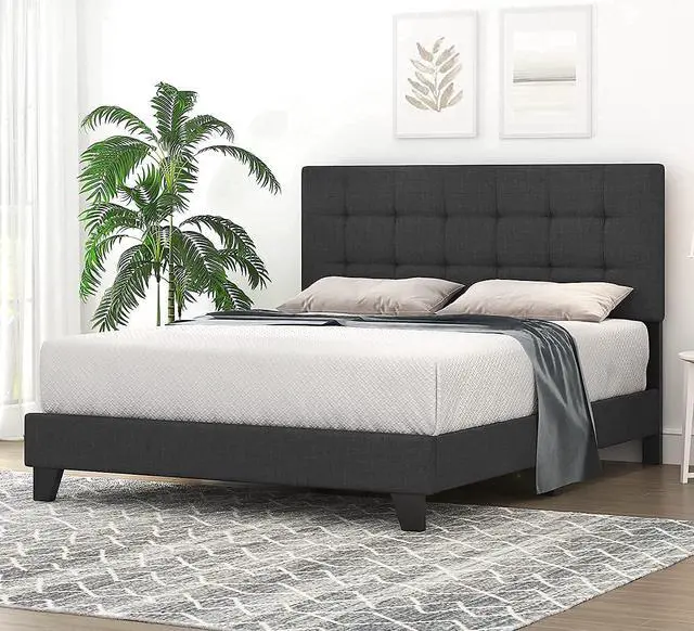 Main image of Queen Size Panel Bed Frame with Adjustable High Headboard/Fabric Upholstered/Box Spring Needed/Easy Assembly, Grey