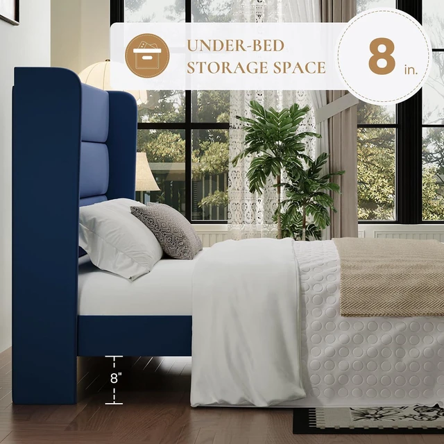 Alt view image 5 of 7 - King Size Velvet Bed Frame with Wingback Headboard/Upholstered Platform Bed with Wooden Slats/Mattress Foundation/No Box Spring Needed/Easy Assembly/Blue