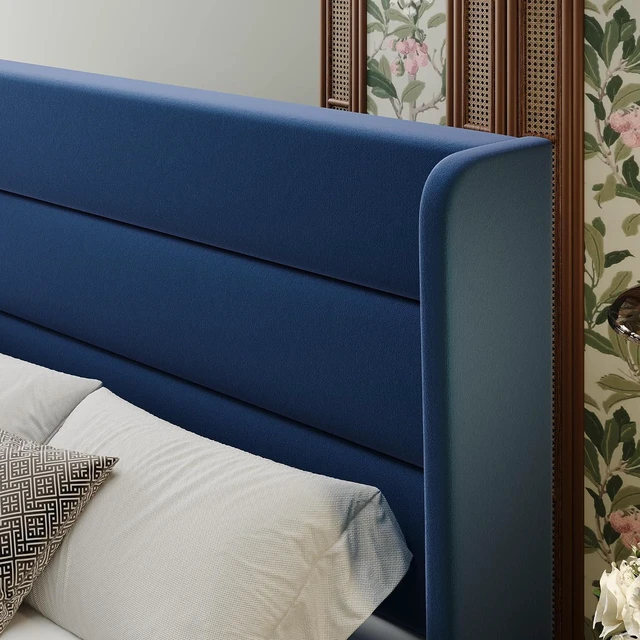 Alt view image 4 of 7 - King Size Velvet Bed Frame with Wingback Headboard/Upholstered Platform Bed with Wooden Slats/Mattress Foundation/No Box Spring Needed/Easy Assembly/Blue