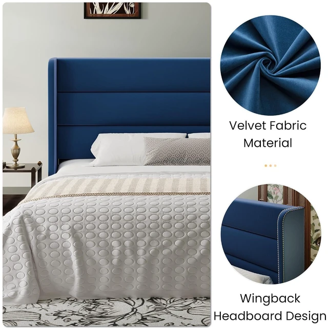 Alt view image 6 of 7 - King Size Velvet Bed Frame with Wingback Headboard/Upholstered Platform Bed with Wooden Slats/Mattress Foundation/No Box Spring Needed/Easy Assembly/Blue