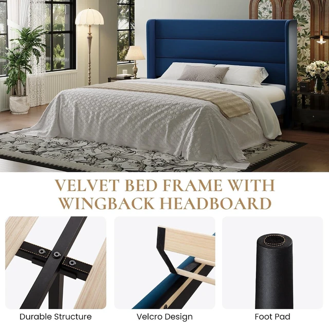 Alt view image 7 of 7 - King Size Velvet Bed Frame with Wingback Headboard/Upholstered Platform Bed with Wooden Slats/Mattress Foundation/No Box Spring Needed/Easy Assembly/Blue