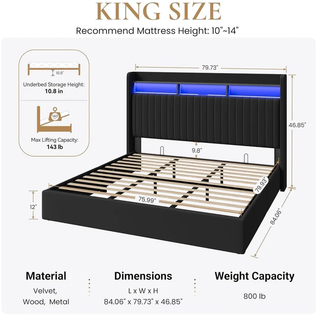 Alt view image 2 of 7 - King Size Lift Up Storage Bed Frame/LED Lights/Charging Station/2-Tier Shelves Headboard/USB,Type-C Ports/Velvet Upholstered/Hydraulic Support/No Box Spring Needed/Noise Free/Black