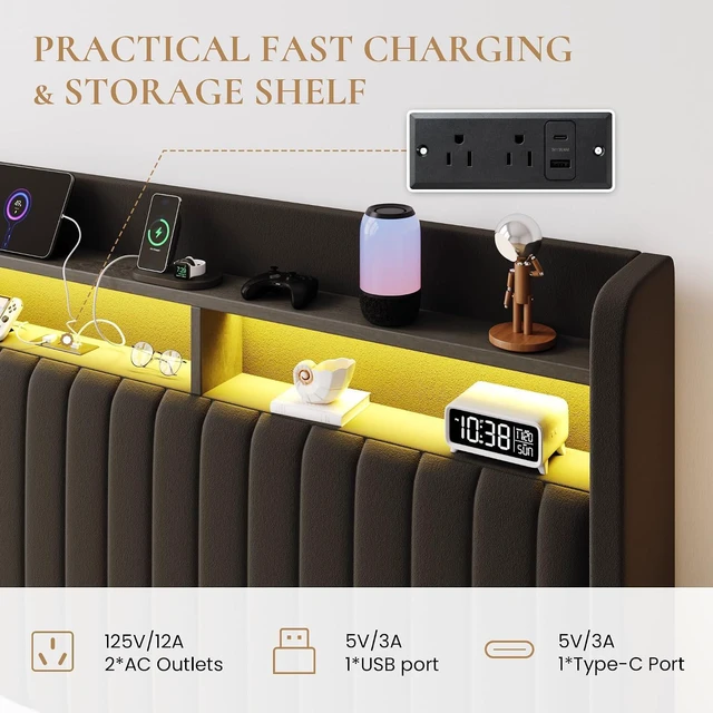 Alt view image 3 of 7 - King Size Lift Up Storage Bed Frame/LED Lights/Charging Station/2-Tier Shelves Headboard/USB,Type-C Ports/Velvet Upholstered/Hydraulic Support/No Box Spring Needed/Noise Free/Black