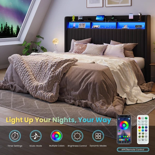 Alt view image 5 of 7 - King Size Lift Up Storage Bed Frame/LED Lights/Charging Station/2-Tier Shelves Headboard/USB,Type-C Ports/Velvet Upholstered/Hydraulic Support/No Box Spring Needed/Noise Free/Black