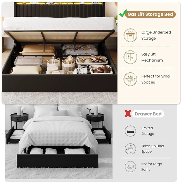 Alt view image 4 of 7 - King Size Lift Up Storage Bed Frame/LED Lights/Charging Station/2-Tier Shelves Headboard/USB,Type-C Ports/Velvet Upholstered/Hydraulic Support/No Box Spring Needed/Noise Free/Black