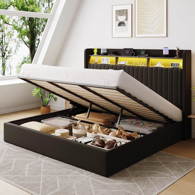 Main image of King Size Lift Up Storage Bed Frame/LED Lights/Charging Station/2-Tier Shelves Headboard/USB,Type-C Ports/Velvet Upholstered/Hydraulic Support/No Box Spring Needed/Noise Free/Black