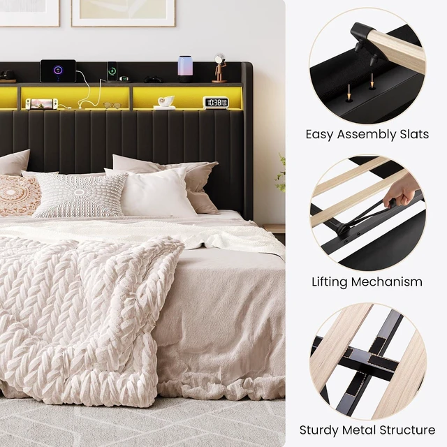 Alt view image 6 of 7 - King Size Lift Up Storage Bed Frame/LED Lights/Charging Station/2-Tier Shelves Headboard/USB,Type-C Ports/Velvet Upholstered/Hydraulic Support/No Box Spring Needed/Noise Free/Black