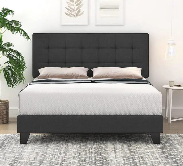 Alt view image 4 of 7 - Queen Size Panel Bed Frame with Adjustable High Headboard/Fabric Upholstered/Box Spring Needed/Easy Assembly, Grey