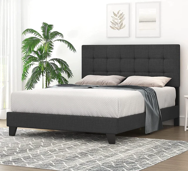 Main image of Full Size Panel Bed Frame with Adjustable High Headboard/Fabric Upholstered/Box Spring Needed/Easy Assembly, Grey