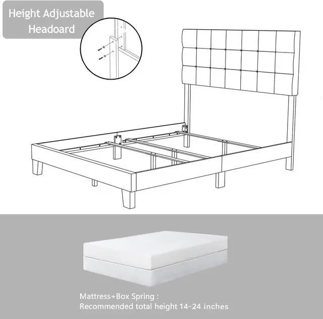 Alt view image 5 of 7 - Queen Size Panel Bed Frame with Adjustable High Headboard/Fabric Upholstered/Box Spring Needed/Easy Assembly, Grey