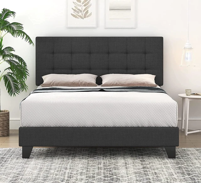 Alt view image 4 of 7 - Full Size Panel Bed Frame with Adjustable High Headboard/Fabric Upholstered/Box Spring Needed/Easy Assembly, Grey