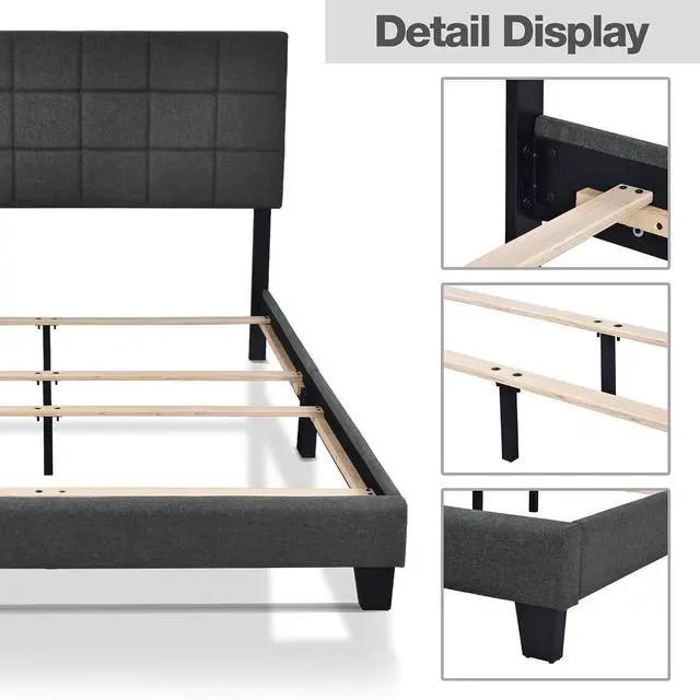 Alt view image 7 of 7 - Queen Size Panel Bed Frame with Adjustable High Headboard/Fabric Upholstered/Box Spring Needed/Easy Assembly, Grey