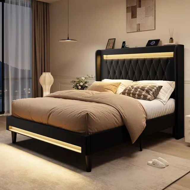 Main image of Full Size LED Bed Frame with Charging Station, Velvet Upholstered Platform Bed with High Wingback Headboard, No Box Spring Needed, Easy Assembly, Black