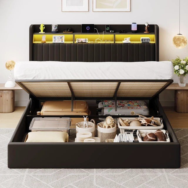 Alt view image 7 of 7 - King Size Lift Up Storage Bed Frame/LED Lights/Charging Station/2-Tier Shelves Headboard/USB,Type-C Ports/Velvet Upholstered/Hydraulic Support/No Box Spring Needed/Noise Free/Black