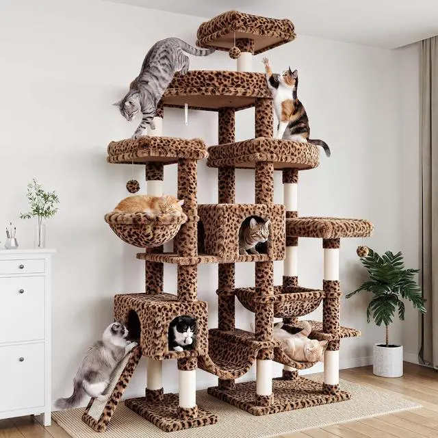 Alt view image 2 of 7 - 83 in Cat Tree Tower for Indoor Adult Felines 20lbs+/Multi-Level Heavy Duty Cat Tower for Big Maine Coon/Giant Perches/Wide Baseboard/Sisal Scratching Posts/Cozy Condos/Leopard Print